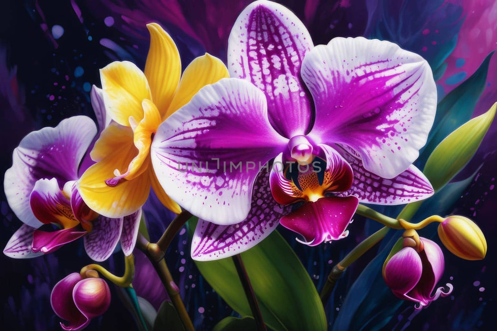 Beautiful orchid artwork, bold colors, intricate floral pattern, ideal for nature-inspired designs, artistic backgrounds, vibrant decor, or botanical themes