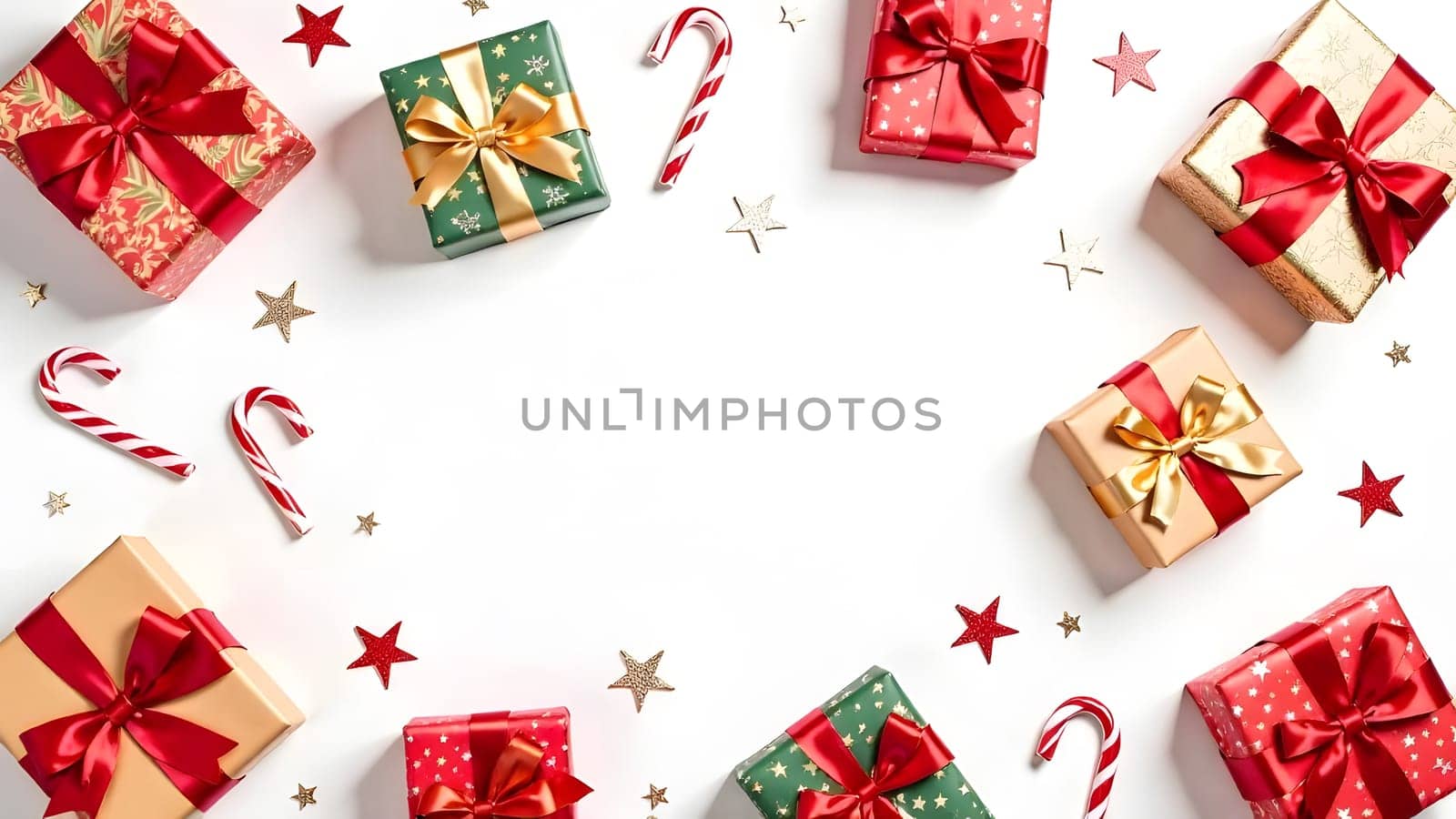 A cheerful seamless pattern featuring colorful wrapped presents with large bows, candy canes, and small stars, symmetrically arranged on a bright white background, perfect for festive New Years and Christmas celebrations.