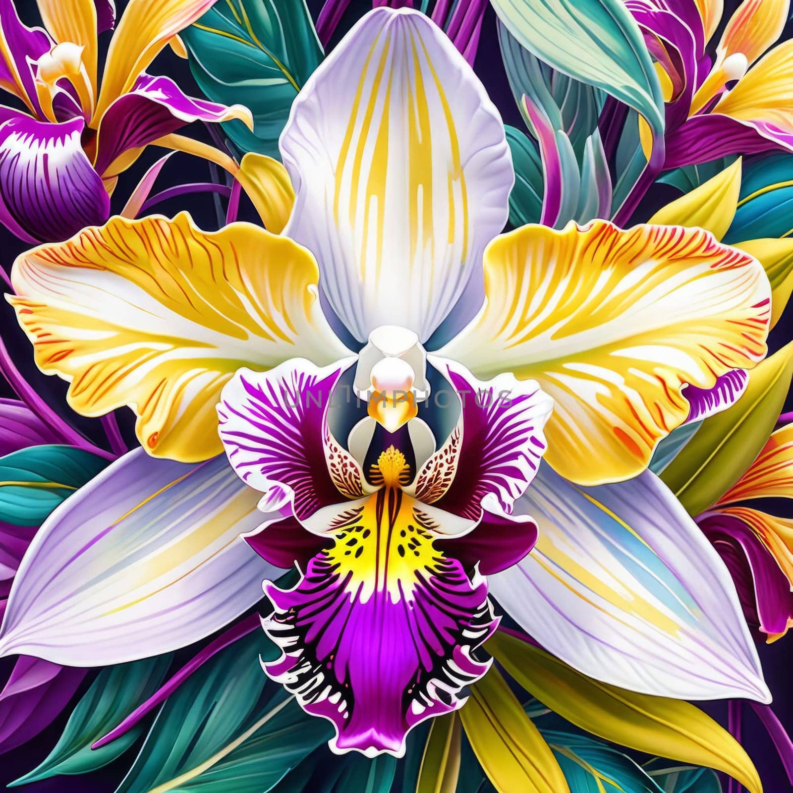 Rich orchid hues, detailed petals, bold floral design, perfect for artistic projects, exotic themes, vibrant backgrounds, or elegant decor accents