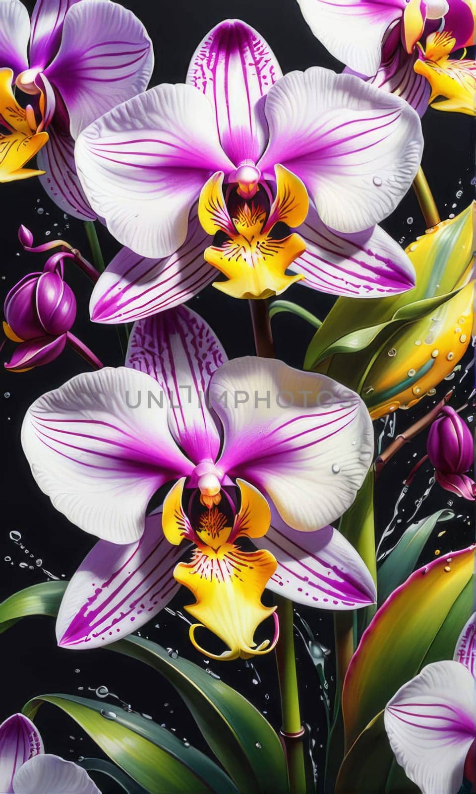 Vibrant orchid illustration, rich colors, detailed petals, perfect for nature-themed designs, artistic backgrounds, bold decor, or botanical inspirations