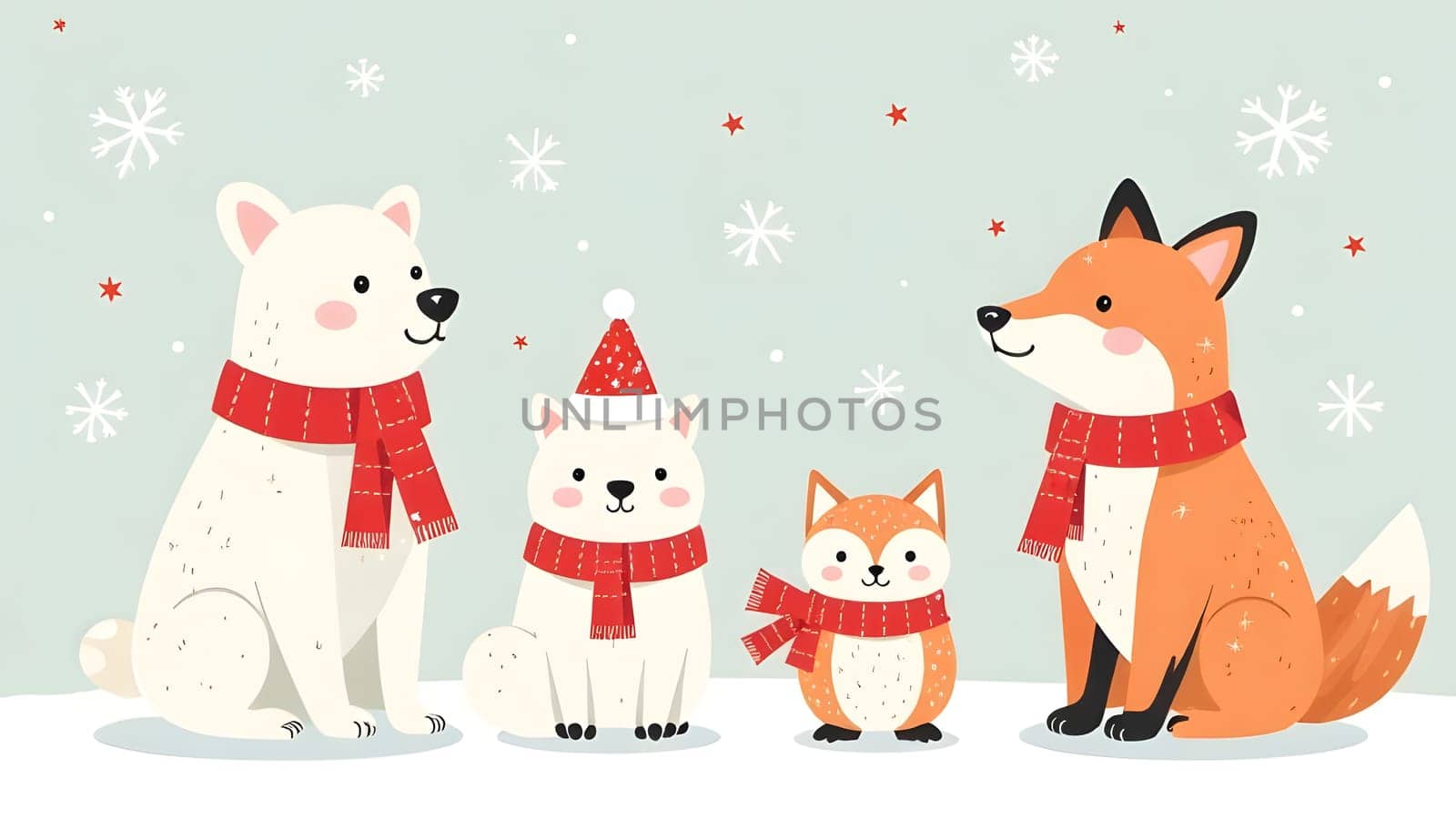 This seamless pattern of polar animals in festive attire, surrounded by snowflakes and stars, is perfect for wintry holiday themes.