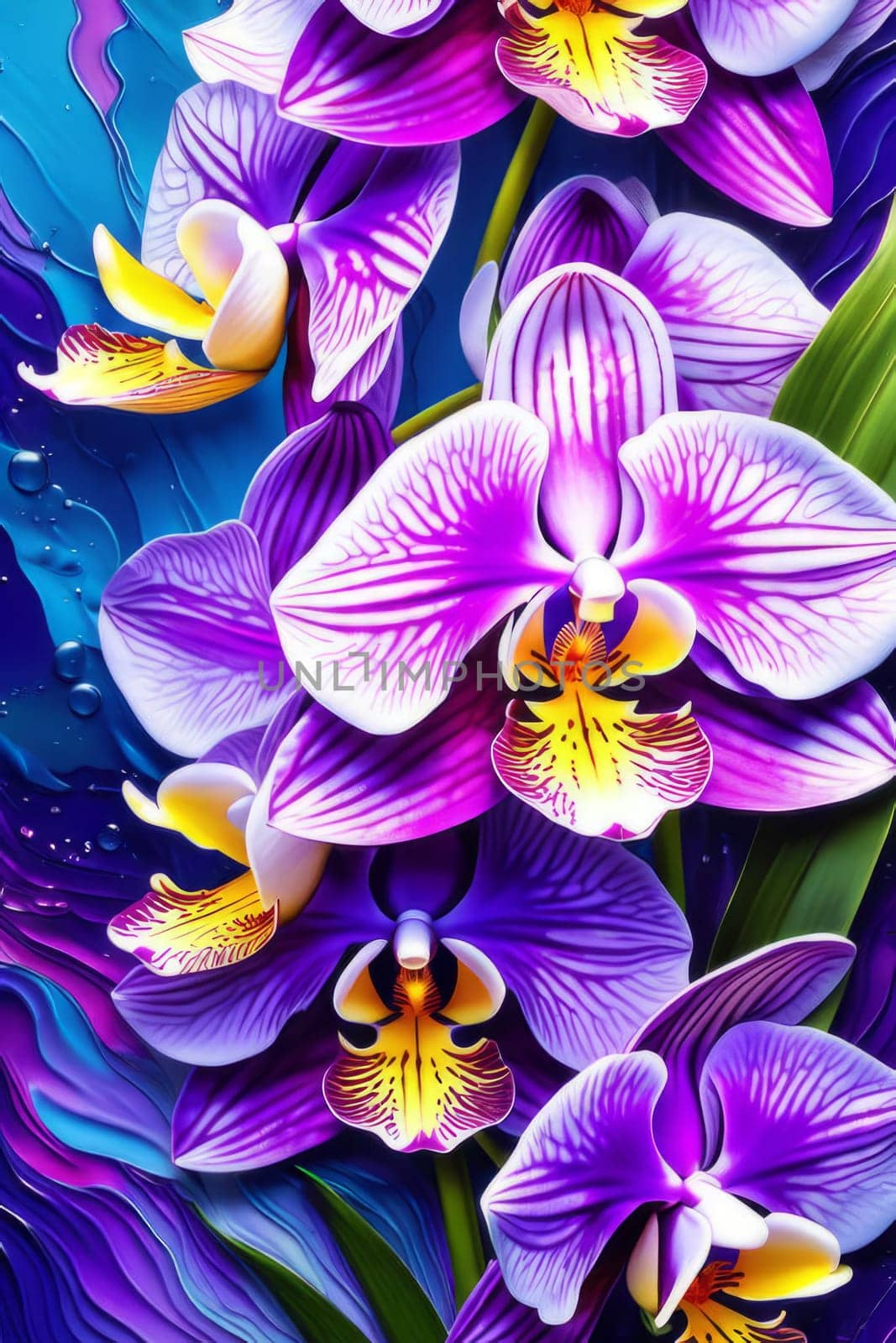 Vibrant orchid illustration, rich colors, detailed petals, perfect for nature-themed designs, artistic backgrounds, bold decor, or botanical inspirations