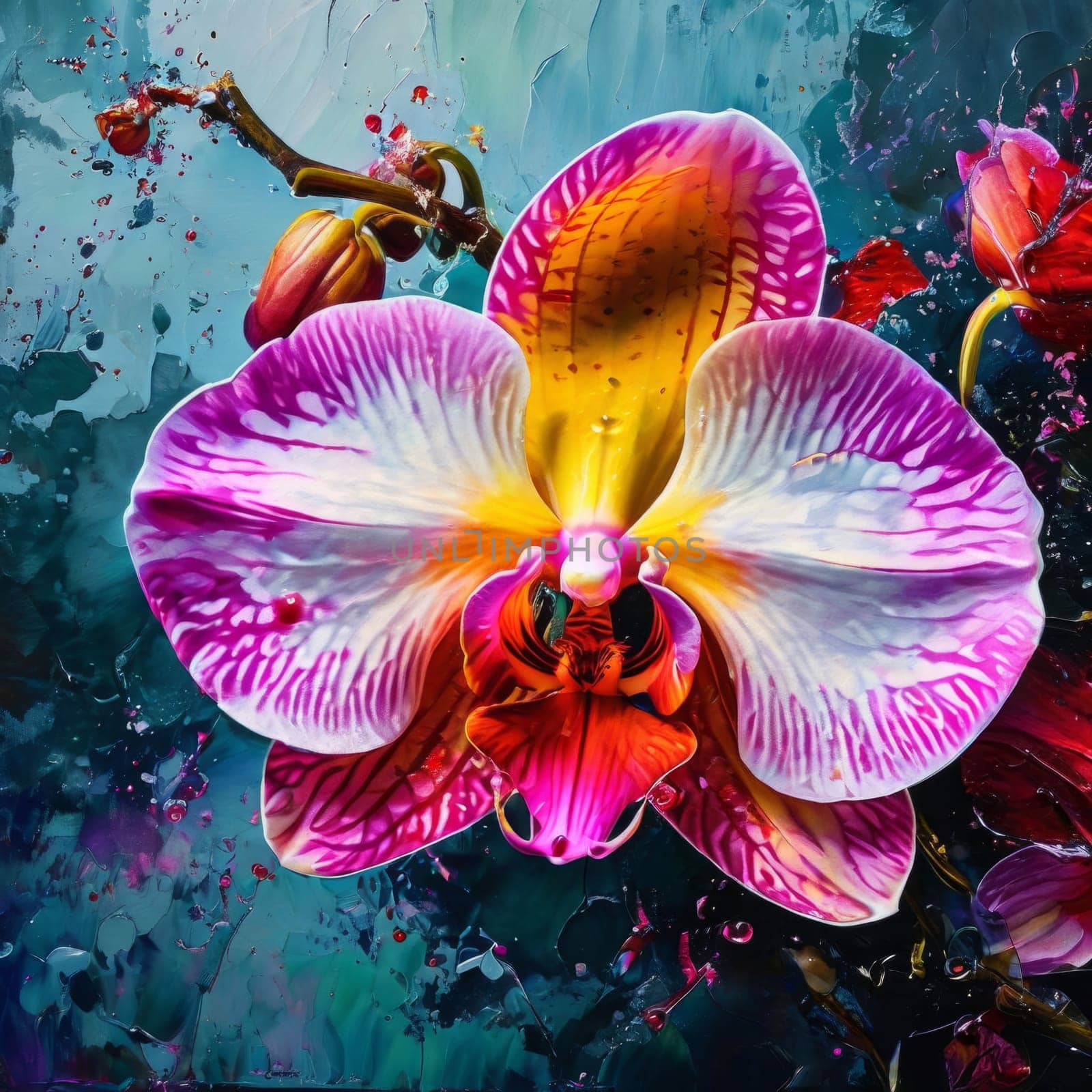 Stunning orchid close-up, rich colors, intricate details, perfect for floral art, nature-themed designs, vibrant backgrounds, or exotic decor inspirations