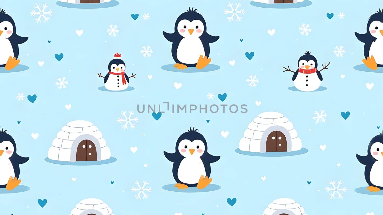 Cartoon penguins and snowmen frolic in a snowy wonderland of igloos and snowflakes, set against a pale blue background for a whimsical feel.