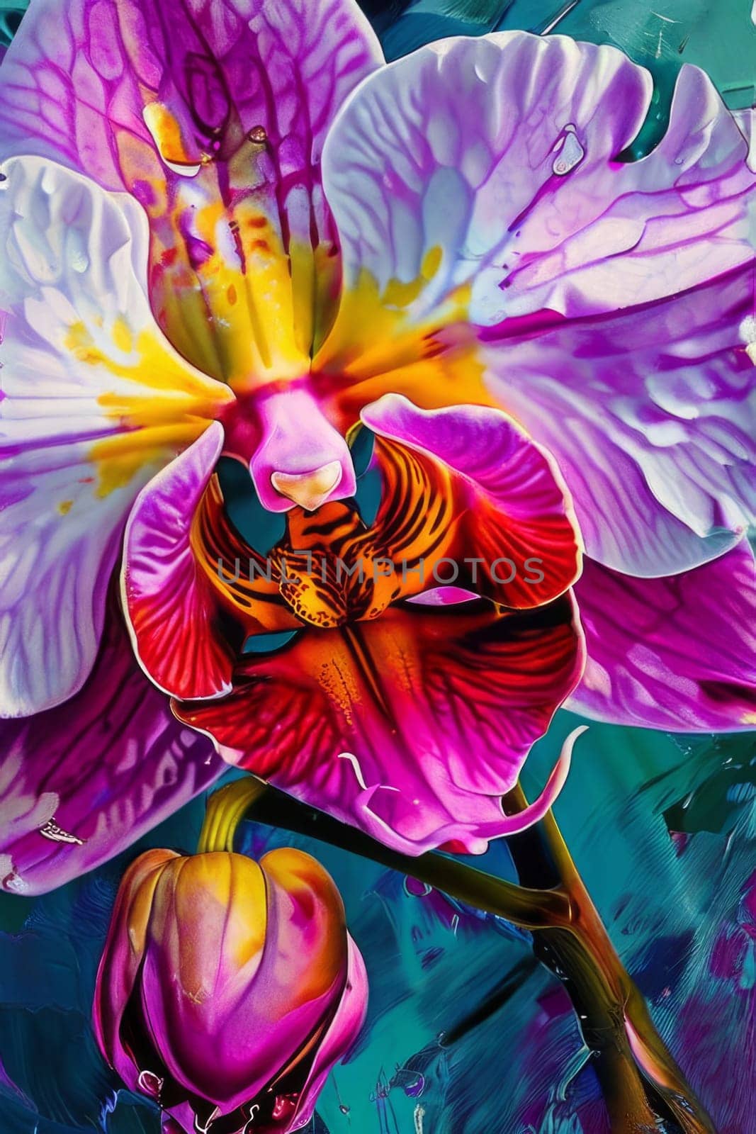 Rich orchid illustration, detailed petals, bold colors, ideal for creative projects, exotic themes, vibrant backgrounds, or elegant decor accents