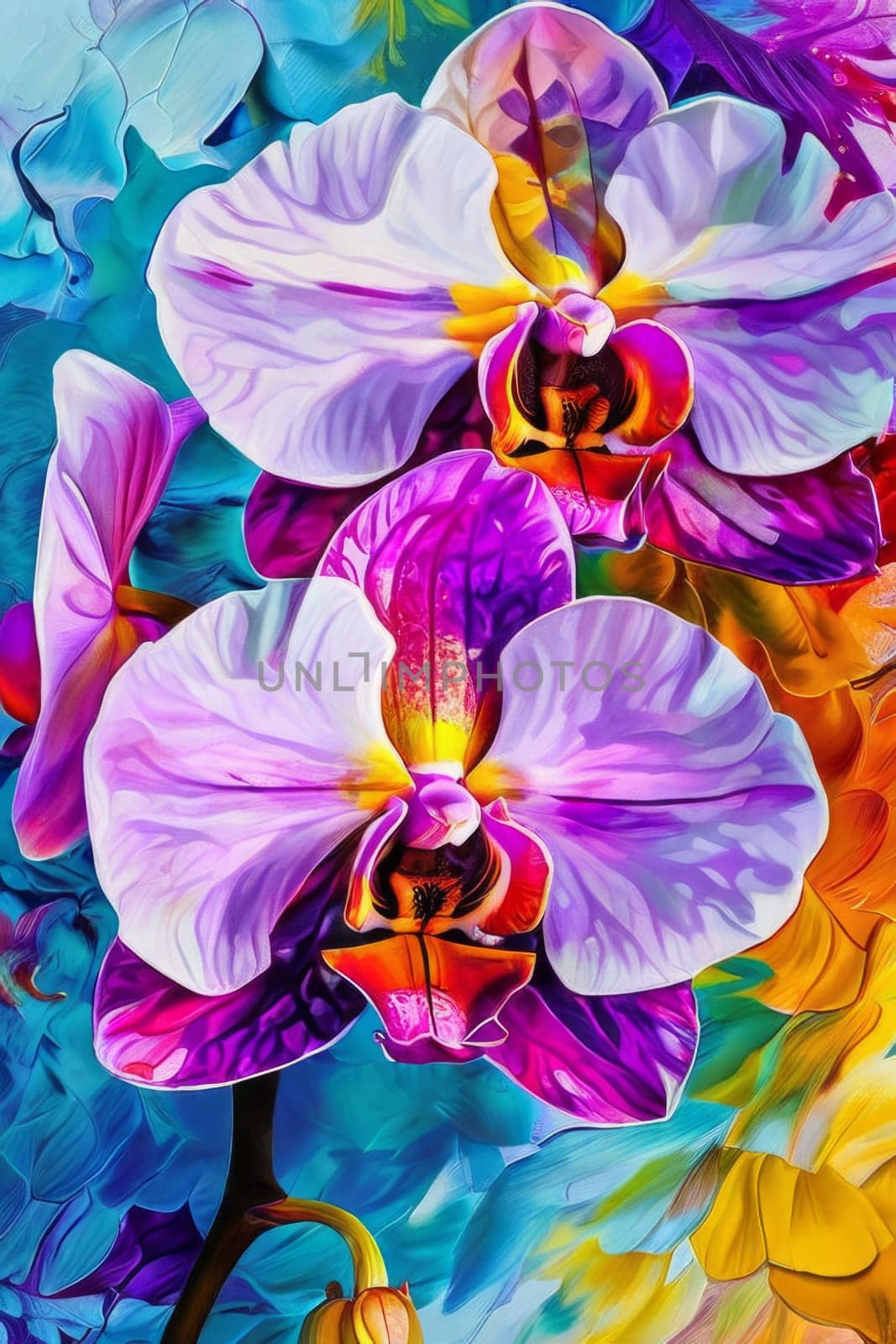 Rich orchid illustration, detailed petals, bold colors, ideal for creative projects, exotic themes, vibrant backgrounds, or elegant decor accents