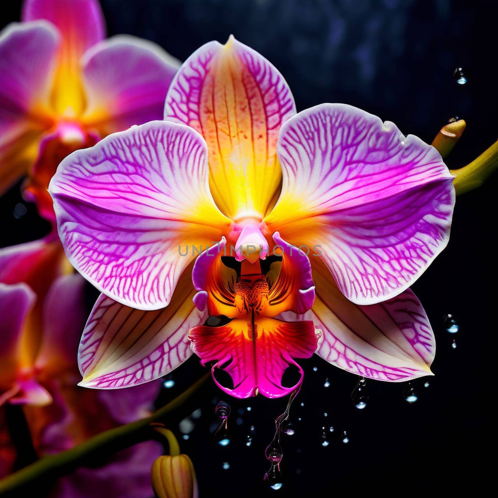 Rich orchid illustration, detailed petals, bold colors, ideal for creative projects, exotic themes, vibrant backgrounds, or elegant decor accents