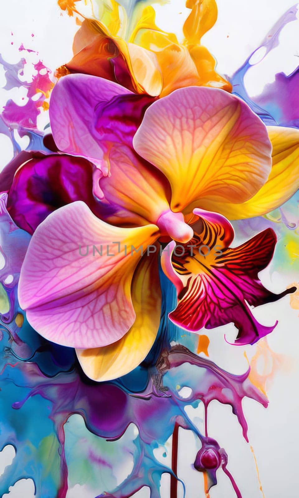 Rich orchid illustration, detailed petals, bold colors, ideal for creative projects, exotic themes, vibrant backgrounds, or elegant decor accents