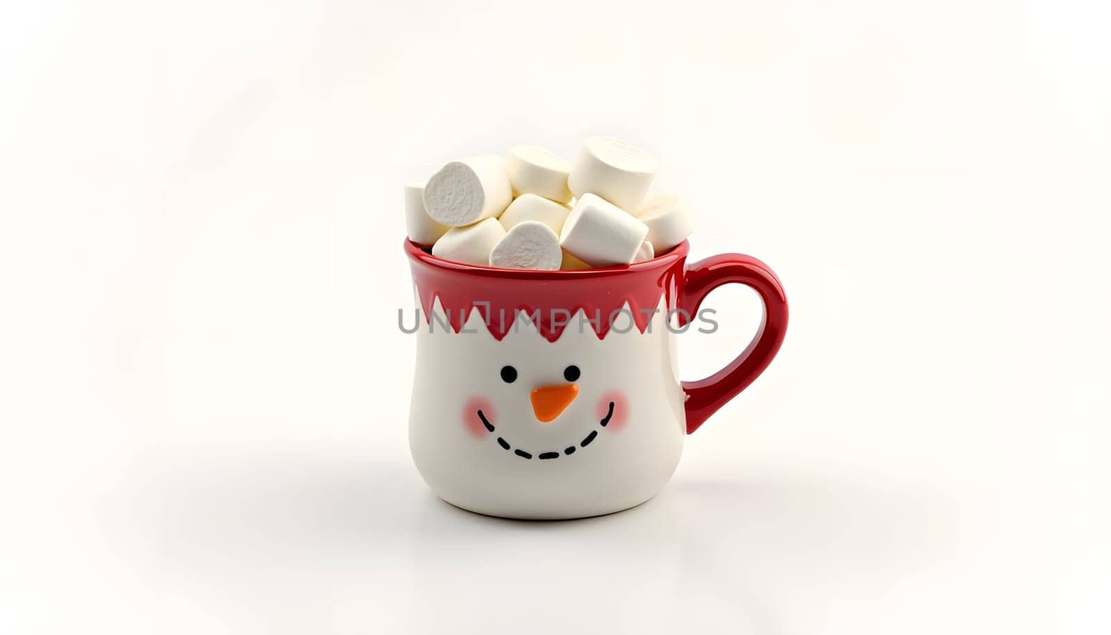 A holiday-themed mug filled with marshmallows, fully isolated against a simple background to draw attention to its design. Perfect for cozy winter themes and holiday warmth