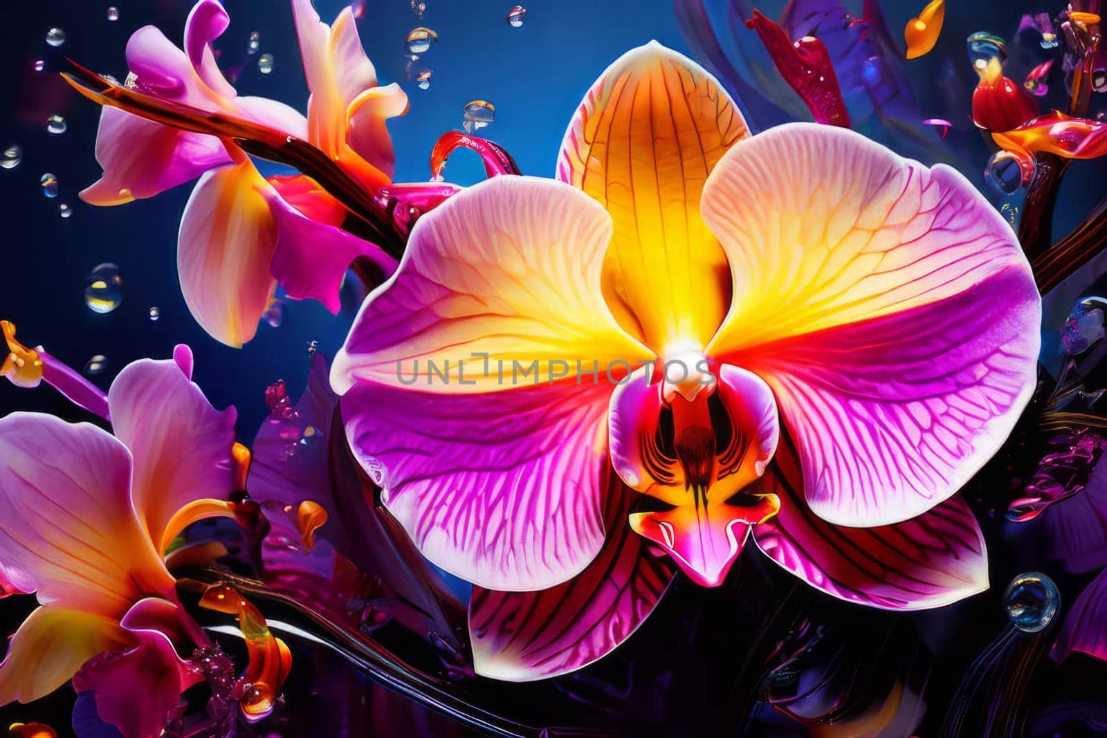 Vibrant orchid pattern, rich colors, detailed petals, perfect for floral art, creative designs, bold backgrounds, or botanical decor inspirations
