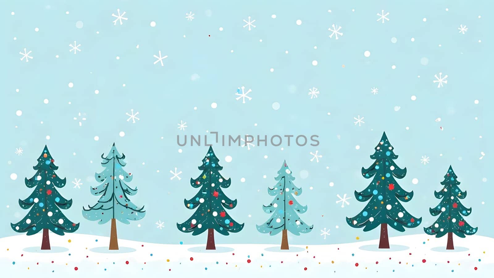 Seamlessly illustrated snow-covered trees in a serene winter landscape, scattered with gentle snowflakes