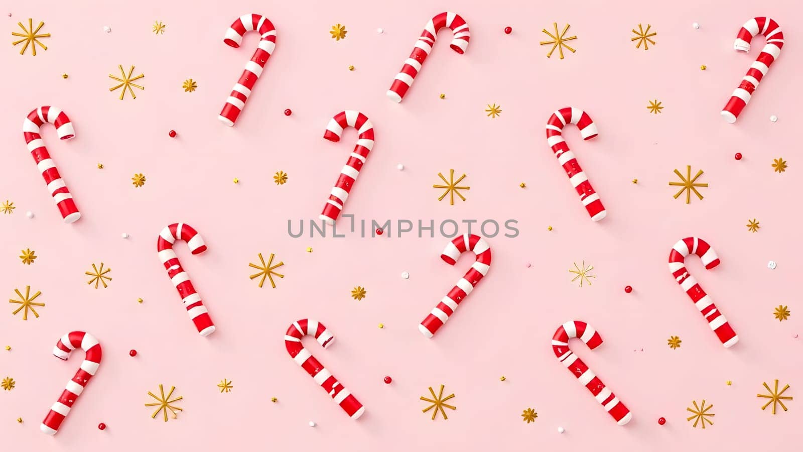 Red candy canes, swirled peppermints, and golden snowflakes make up this seamless festive pattern, perfect for holiday designs.