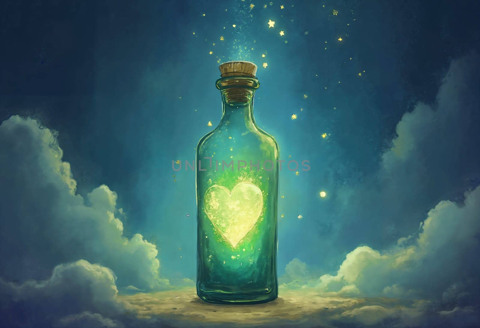The image depicts a green glass bottle with a cork stopper, containing a glowing heart-shaped light. The bottle is positioned centrally in the frame, surrounded by a starry night sky. The background features a gradient of blue and white, with fluffy white clouds scattered across the sky.