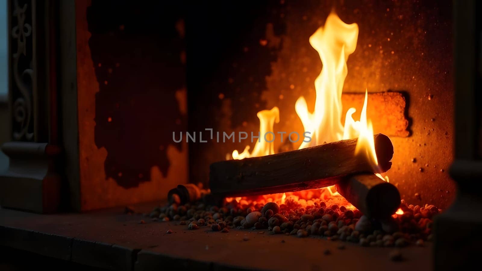 A warm, inviting fireplace glows with flickering flames and crackling embers, accompanied by soft drifting smoke in a seamless image.