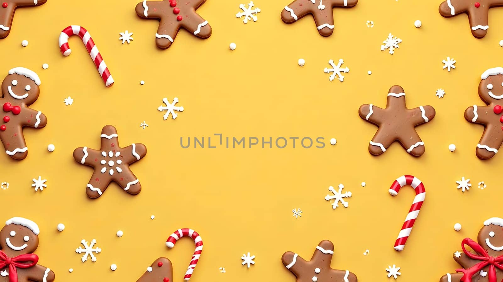 A whimsical seamless pattern featuring gingerbread cookies, striped candy canes, and intricate snowflakes, symmetrically arranged on a shimmering gold background for a festive and playful Christmas feel.