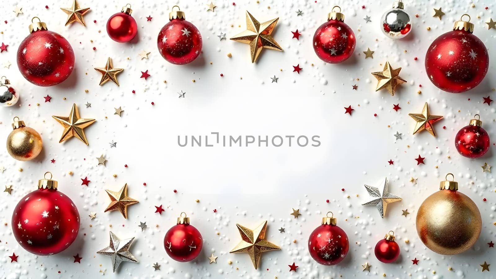 A seamless pattern featuring Christmas ornaments in gold, silver, and red baubles, stars, and bells arranged symmetrically on a snowy white background for a festive and elegant holiday design.