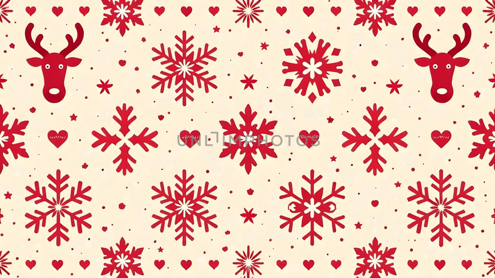 This symmetrical design features Nordic-inspired snowflakes and reindeer, creating a timeless red-and-white holiday pattern on cream.