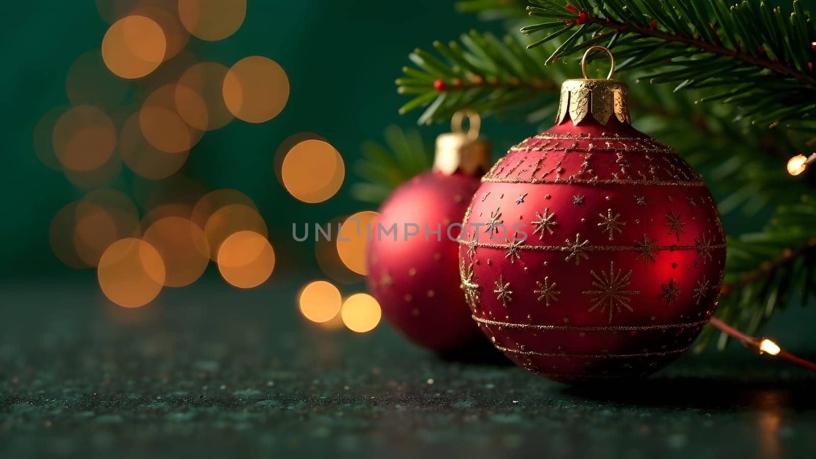 Glistening baubles twirl gently in a seamless loop, their surfaces reflecting shimmering light, set against a cozy green background with subtle bokeh accents.