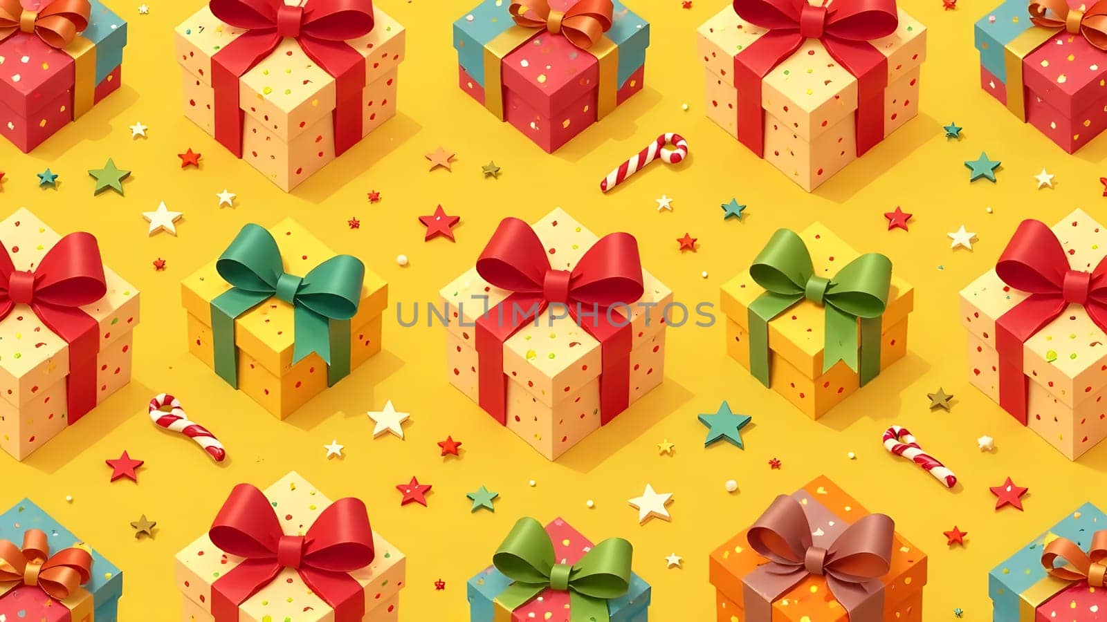 A seamless pattern of brightly colored wrapped presents with oversized bows, candy canes, and scattered stars, symmetrically arranged on a vibrant gold background for a festive Christmas and New Years vibe.