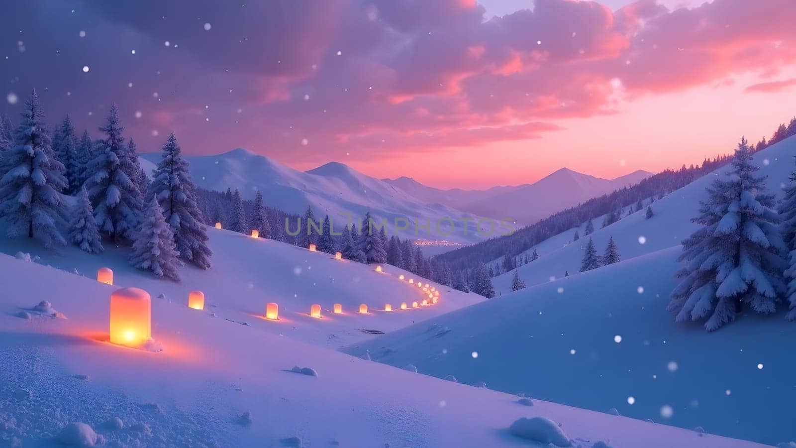 Stylized rolling snowy hills stretch into the horizon in this image, with softly glowing lanterns and a gradient sky under gently falling snow.