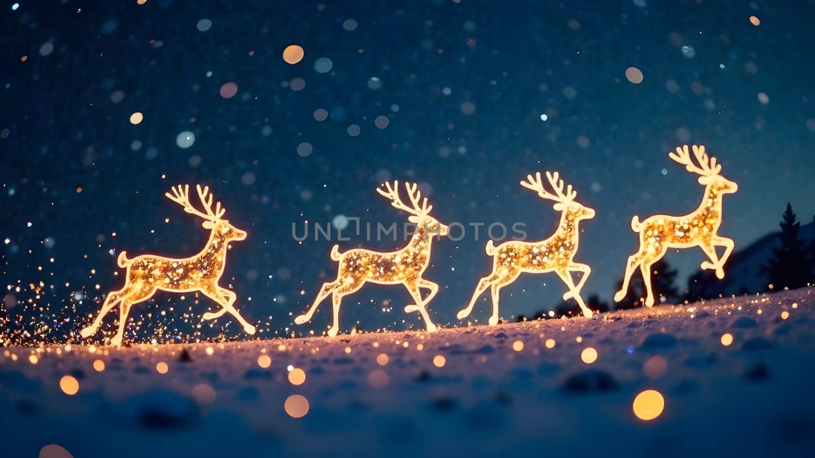 Whimsical reindeer glowing softly with light leap across a starry night sky, leaving trails of sparkles in this seamless image.
