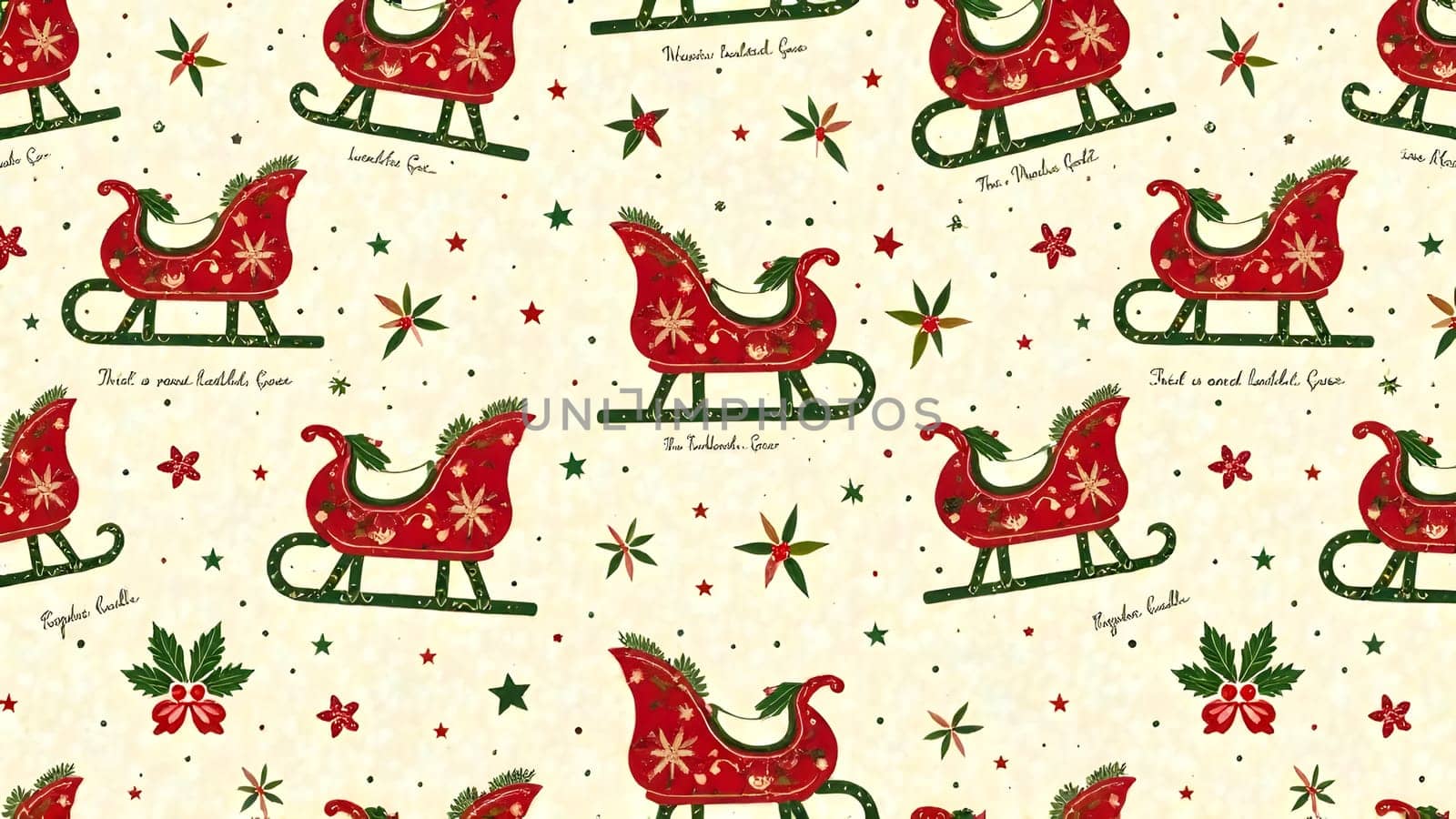 A charming vintage holiday pattern with sleighs, holly, and handwritten greetings, symmetrically laid out in muted green and red shades for a classic festive touch.