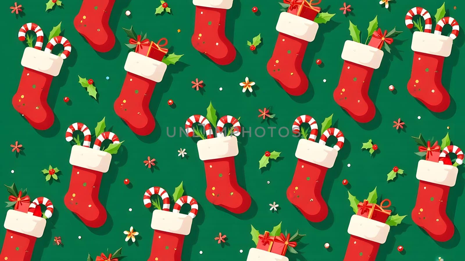 Cheerful stockings stuffed with treats like candy canes and holly make up this seamless pattern, perfect for holiday designs.