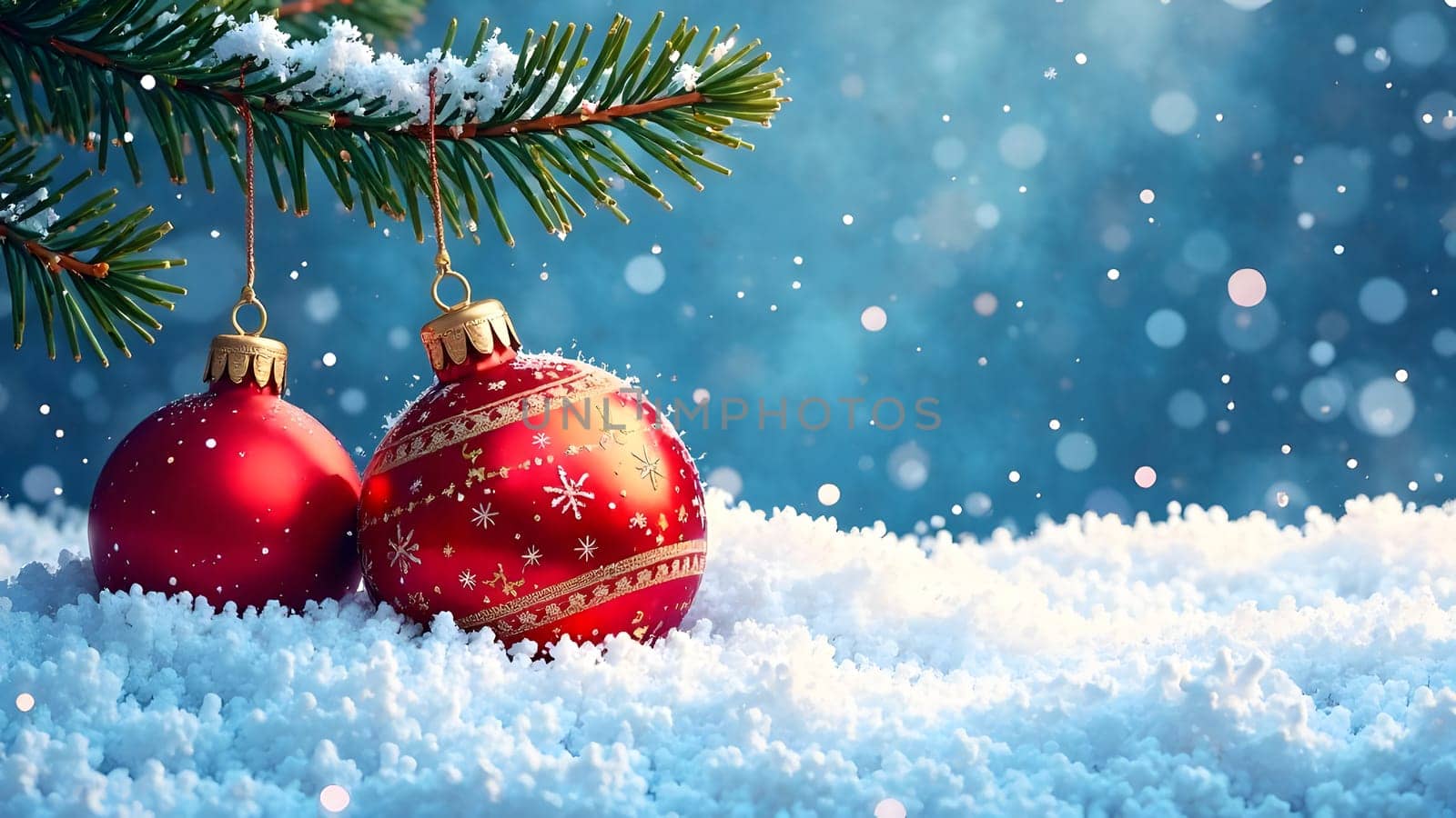 This elegant design features Christmas ornaments resting in snow, with soft highlights and shadows adding depth and winter coziness.