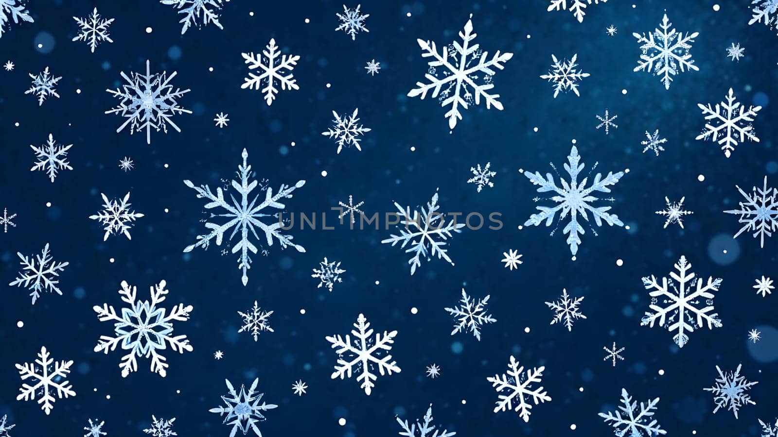 A stunning seamless design with symmetrical snowflakes and shimmering stars in icy blue, white, and silver, arranged beautifully against a deep navy background for a refined and frosty winter aesthetic.