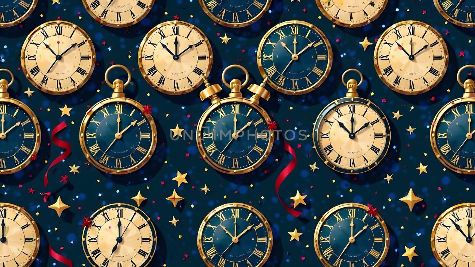 Midnight strikes with vintage clocks, confetti, and ribbons in this elegant pattern. A deep navy background with golden tones enhances its festive charm.