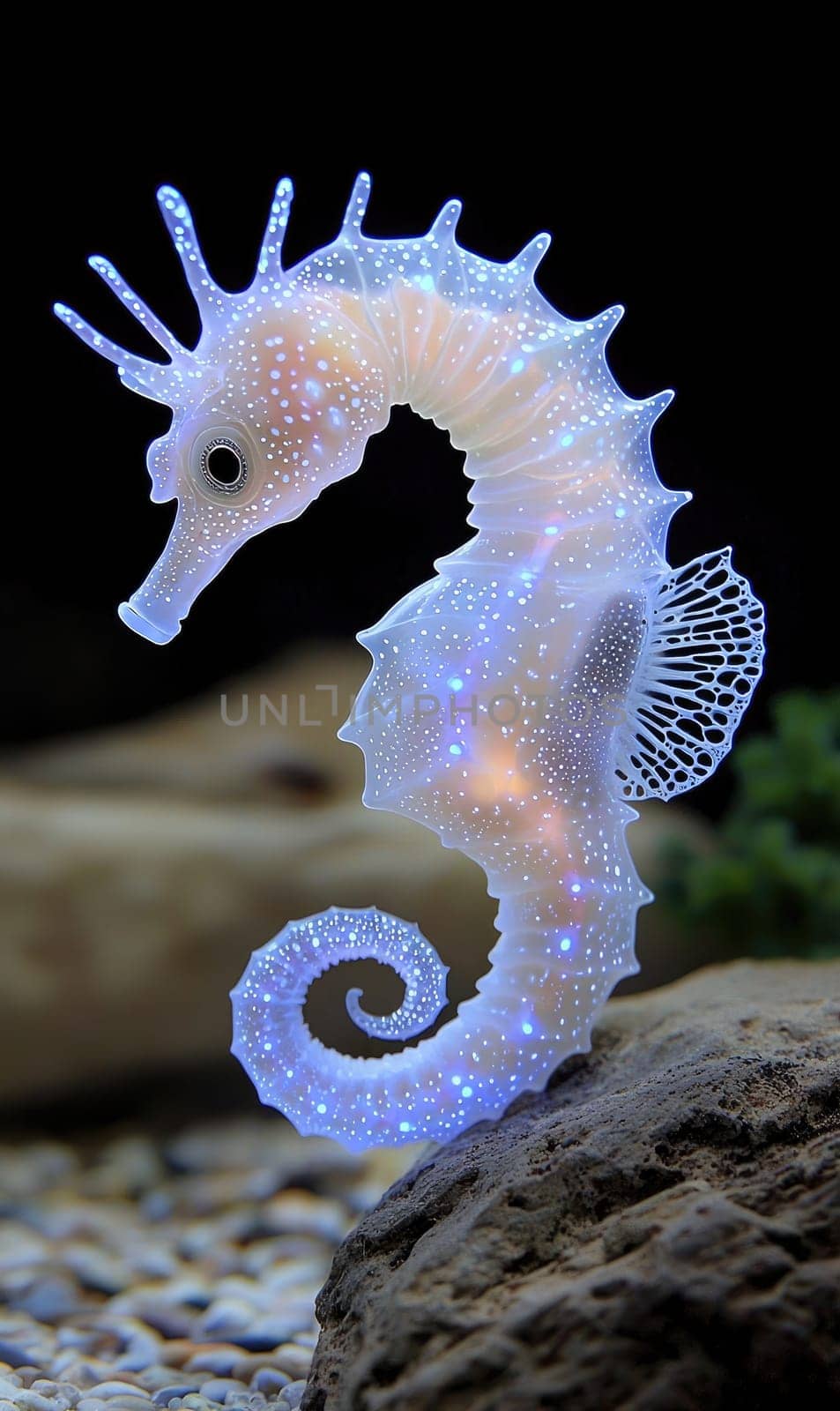 Glowing Seahorse: Bioluminescent fractal design, intricate patterns, radiant colors, mesmerizing glow, marine elegance, underwater beauty, unique visualization, luminous effect, surreal ocean life