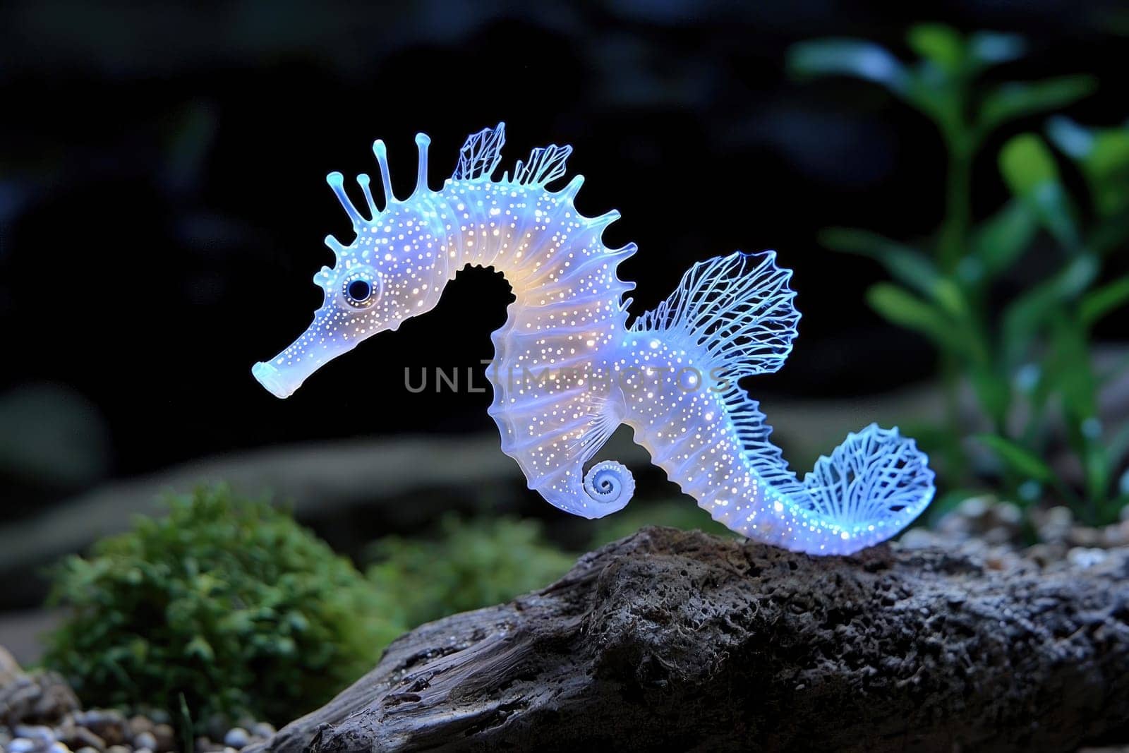 Glowing Seahorse: Bioluminescent fractal design, intricate patterns, radiant colors, mesmerizing glow, marine elegance, underwater beauty, unique visualization, luminous effect, surreal ocean life