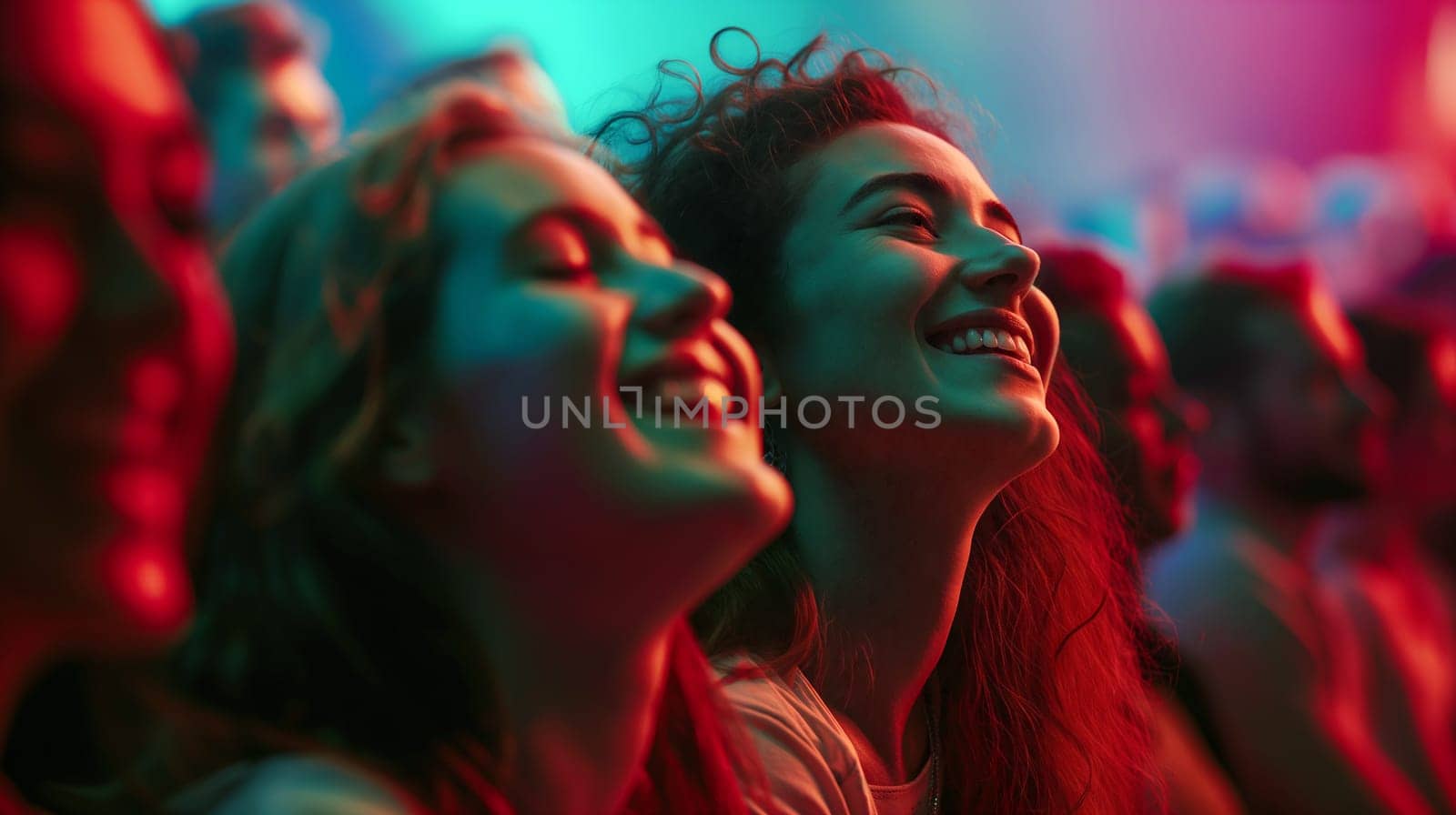 A lively crowd shares smiles and laughter as they enjoy a dynamic live music performance. Colorful lights illuminate their faces, creating an electrifying atmosphere - Generative AI