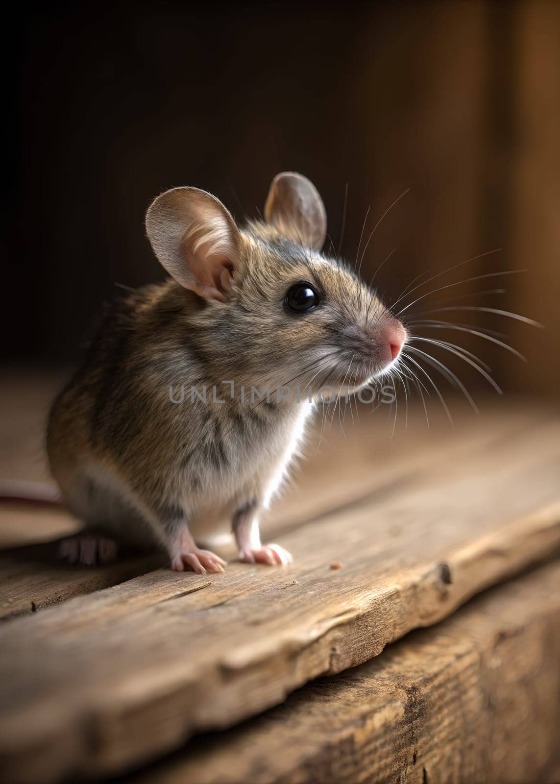 A small mouse investigates a rustic wooden surface in attic, its delicate features and curious expression highlighted in soft light - Generative AI