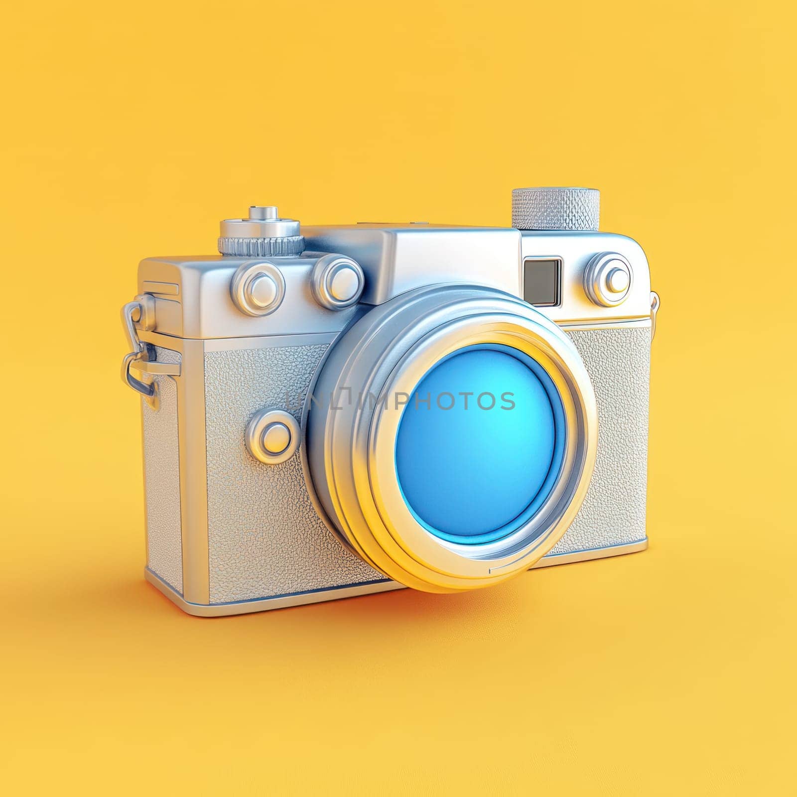 A playful camera icon with vibrant blue lens against bright yellow background, showcasing modern design