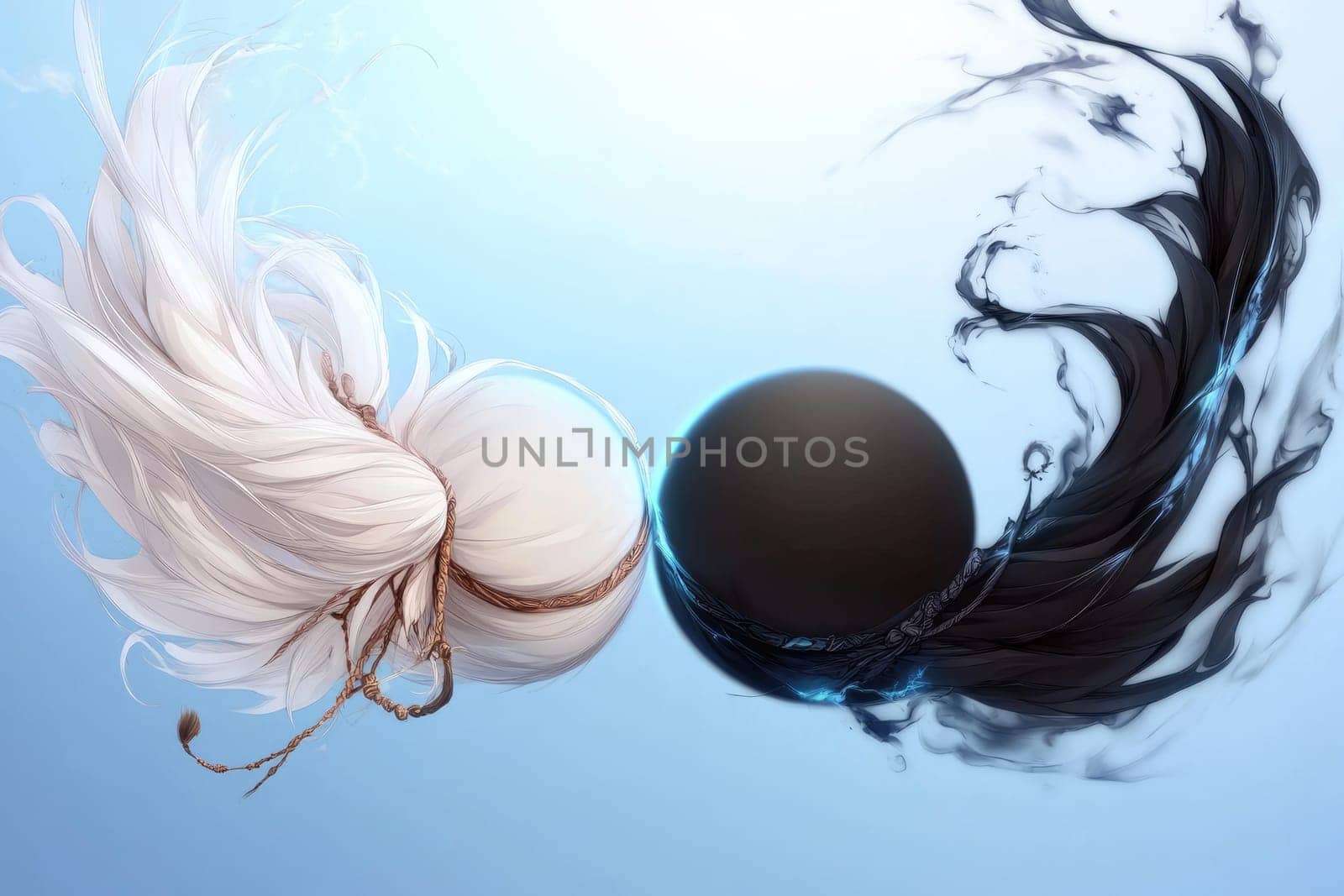 Creative banner: yin-yang symbol, harmonious contrast, balanced energy, spiritual duality, artistic design, minimalist expression, dynamic flow, philosophical theme, serene aesthetic