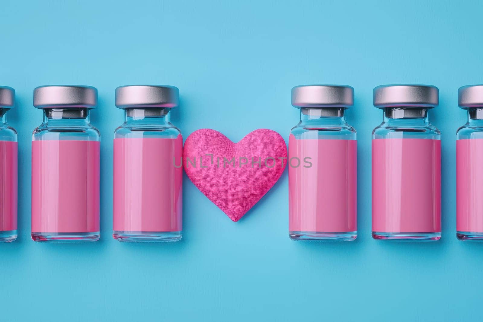 A lively arrangement of medicine bottles alongside a pink heart on a bright blue background, symbolizing care and wellness in a modern healthcare context.