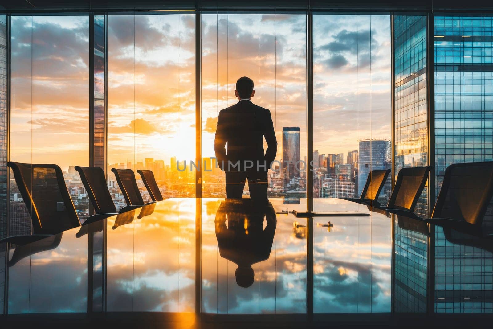 A businessman stands silhouetted against a stunning cityscape sunset, reflecting on success and future goals from a modern office.