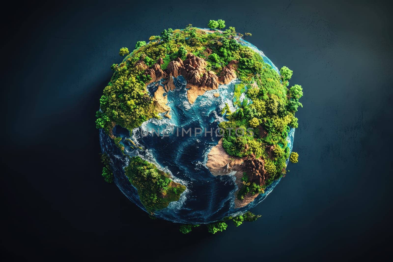 A stunning artistic representation of a vibrant planet filled with lush greenery and surrounded by deep waters, showcasing the beauty of nature and the importance of environmental conservation.