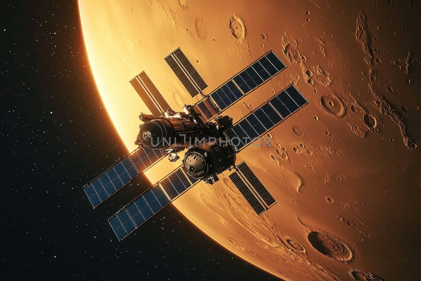 A detailed view of a spacecraft equipped with solar panels orbiting Mars, highlighting the beauty and advances in space exploration technology.