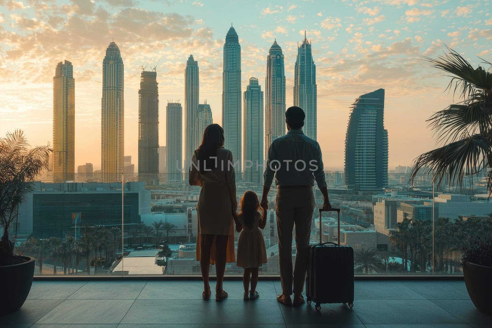 A family stands together in a serene moment, gazing at the stunning skyline of skyscrapers at sunset, capturing the essence of travel and togetherness.