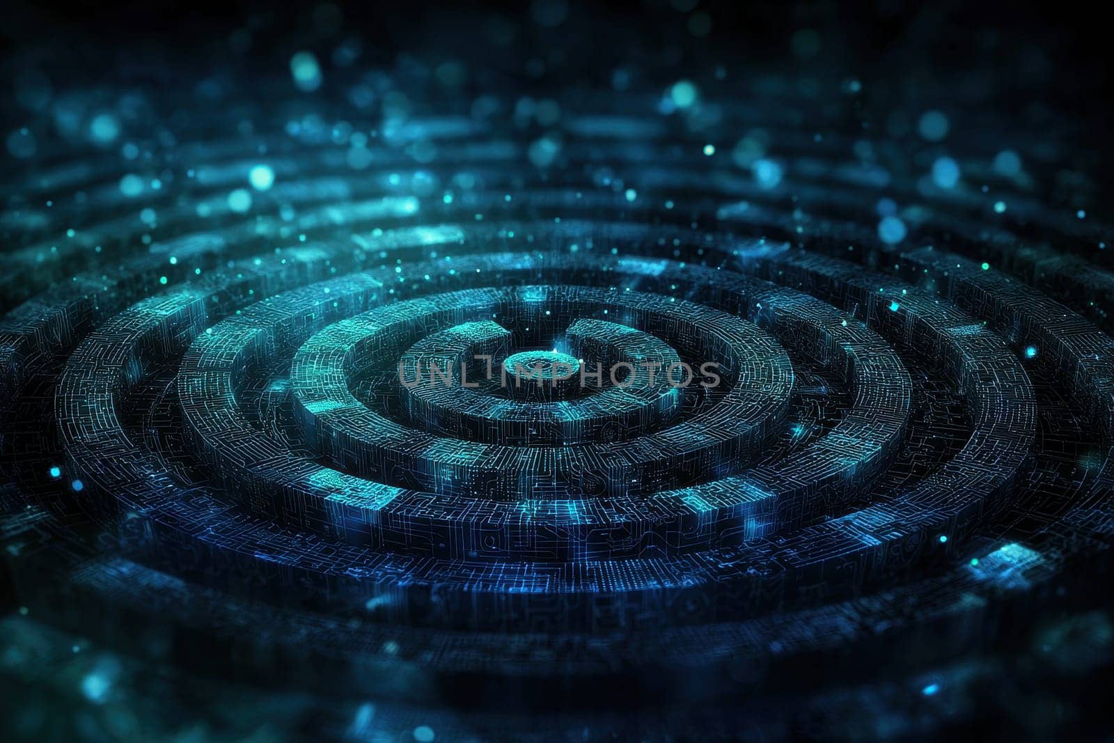 Enigmatic abstract image featuring circular patterns and glowing particles, evoking a futuristic feel with a dark background and vibrant colors.