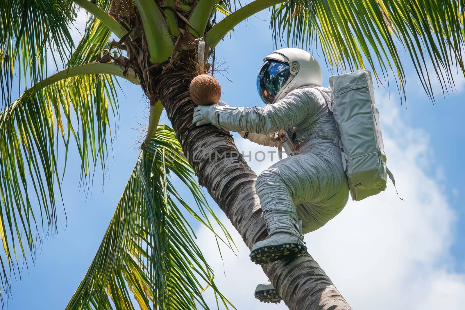 An imaginative scene featuring an astronaut climbing a palm tree to collect a coconut, set against a bright blue sky, showcasing creativity and humor in nature.