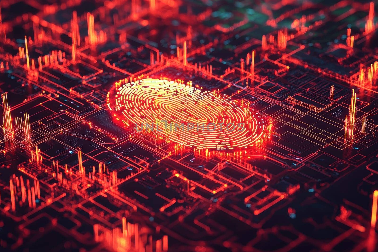 This image features a vibrant digital fingerprint surrounded by intricate neon red patterns, symbolizing technology and security in the digital age.