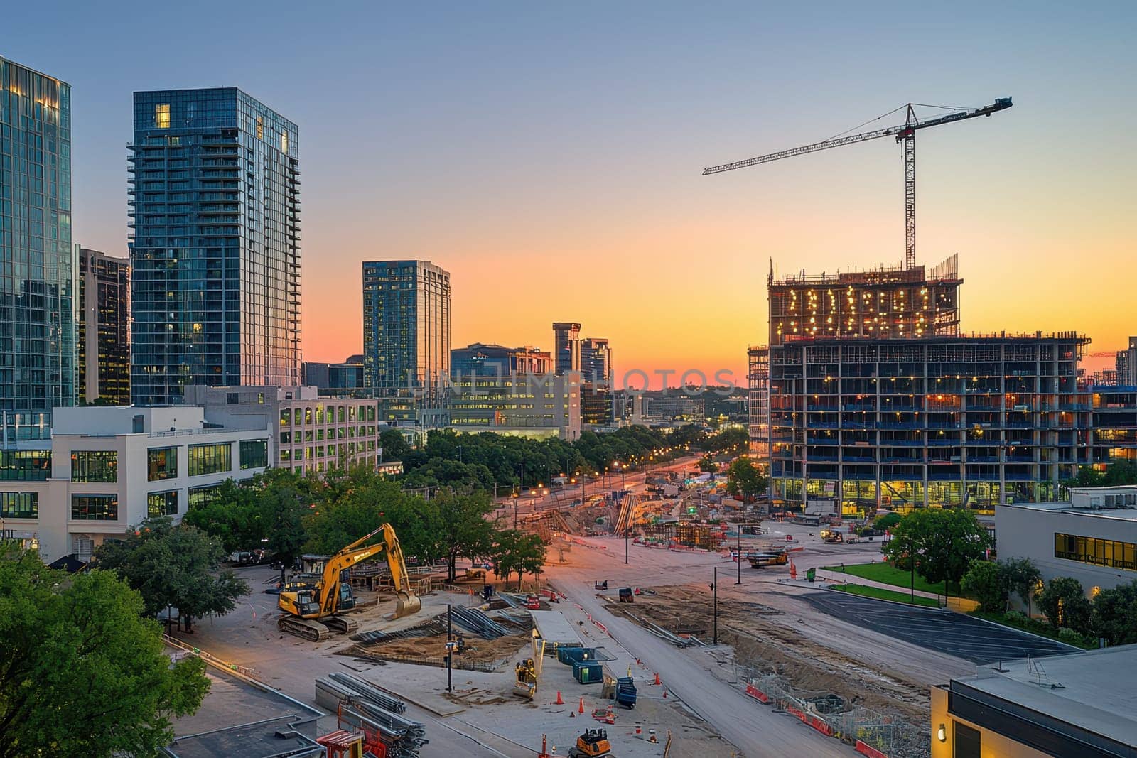 This stunning image captures an urban construction site at sunset, showcasing cranes and modern buildings, reflecting a vibrant city in progress.