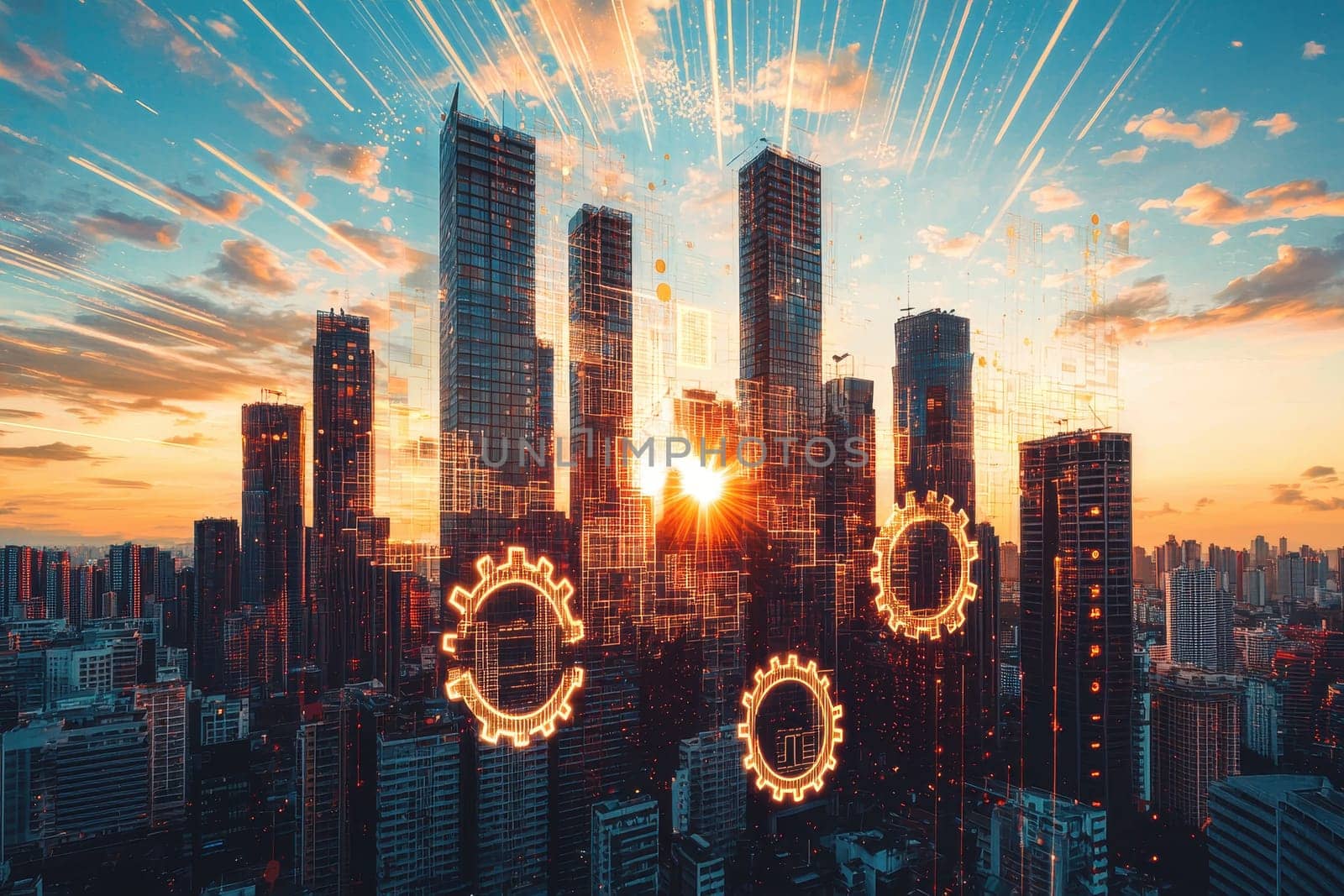 Captivating urban skyline during sunset with creative digital gear symbols overlay, representing innovation, technology, and growth in the city.