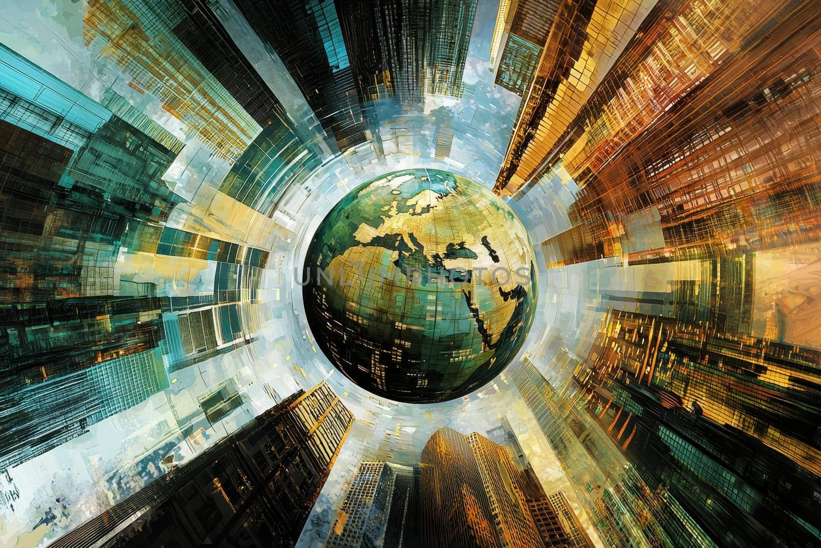 A vibrant abstract illustration featuring a globe surrounded by towering skyscrapers, depicting a dynamic cityscape and technological influences.