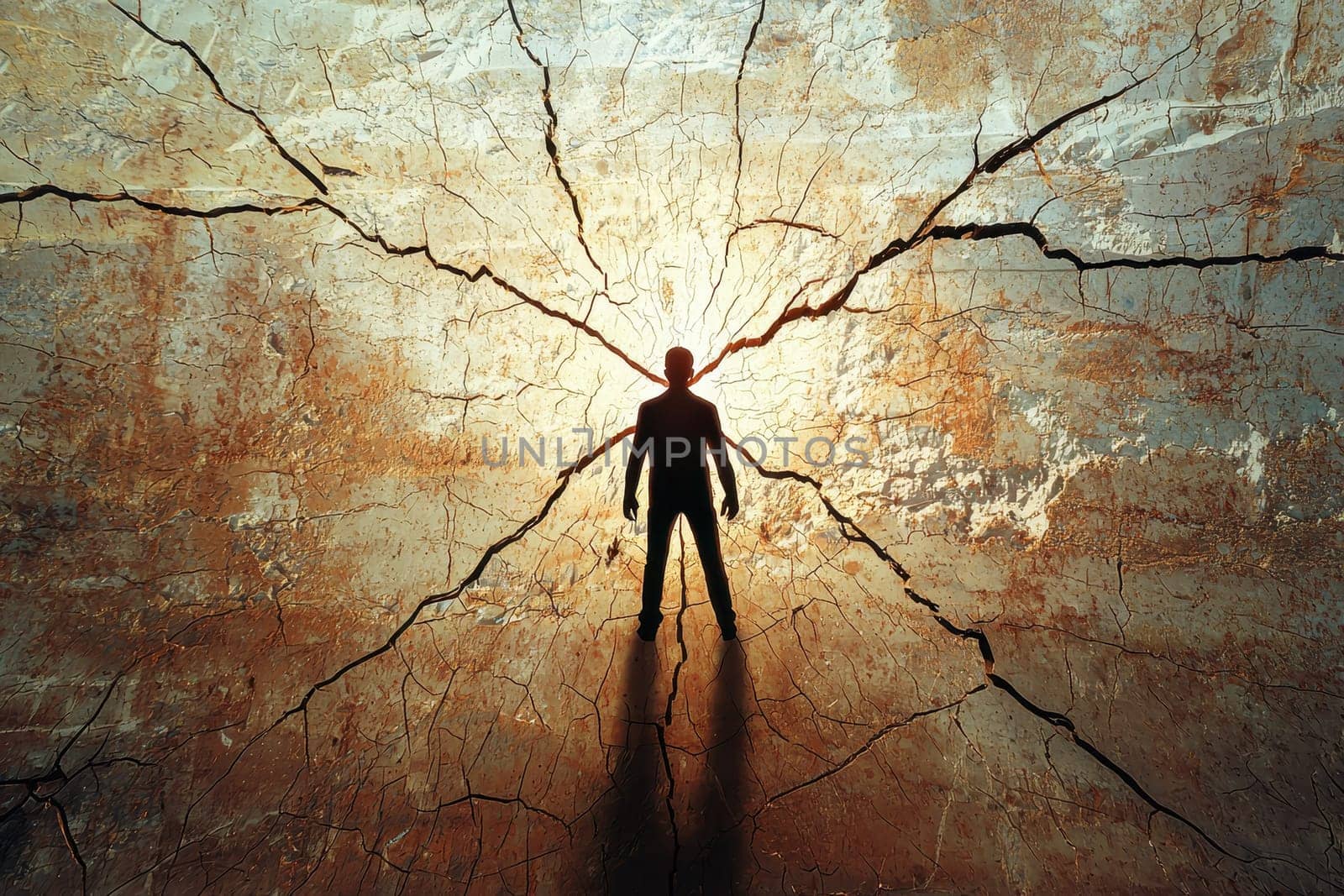 A solitary man stands before a cracked wall, embodying themes of breakthrough and new beginnings, with light breaking through to symbolize hope and potential.