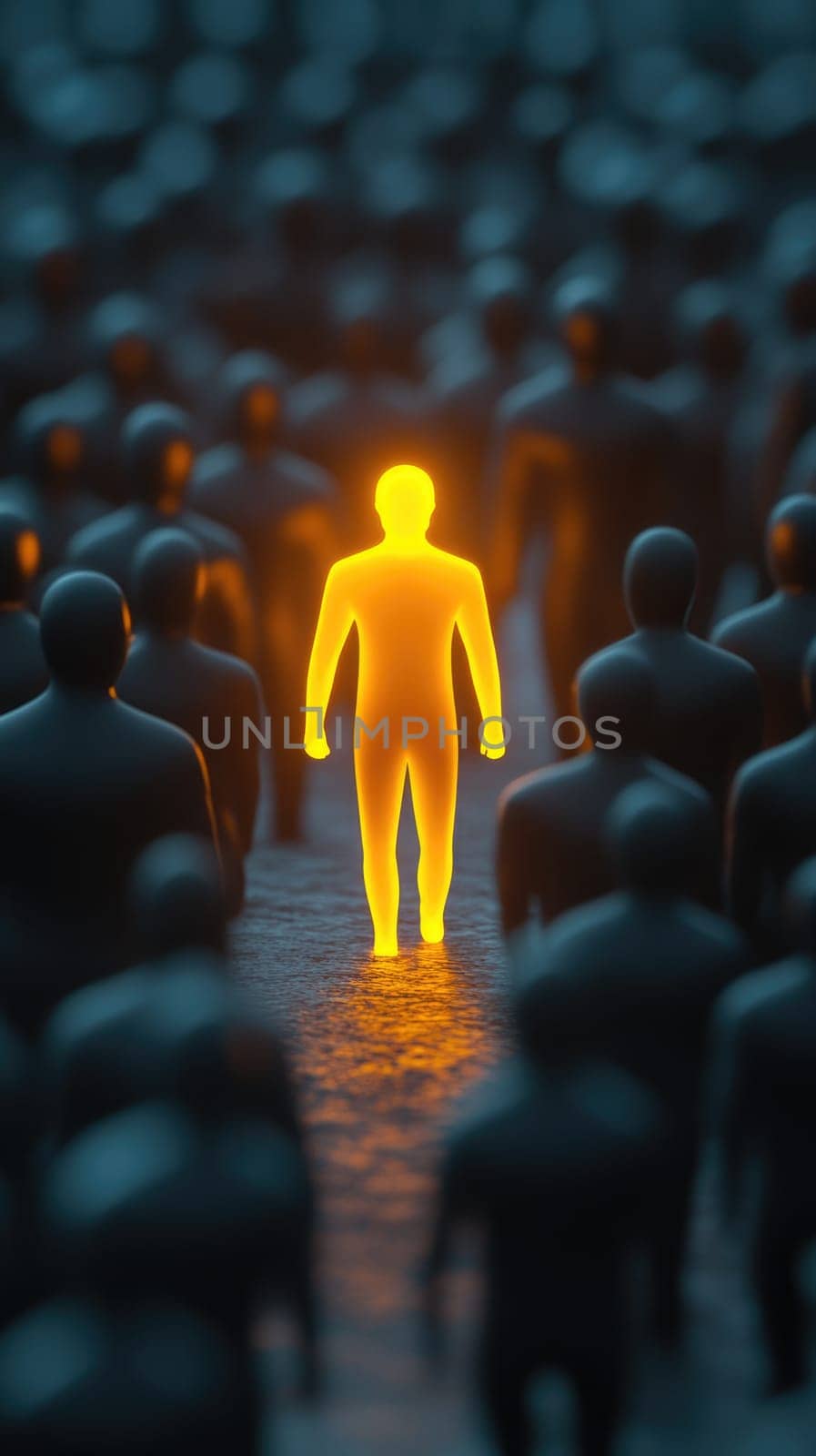 Solitary stance: individuality presence, visualization of uniqueness, one against the crowd, self-expression, personal belief, distinctive identity, singularity, personal courage, social contrast,