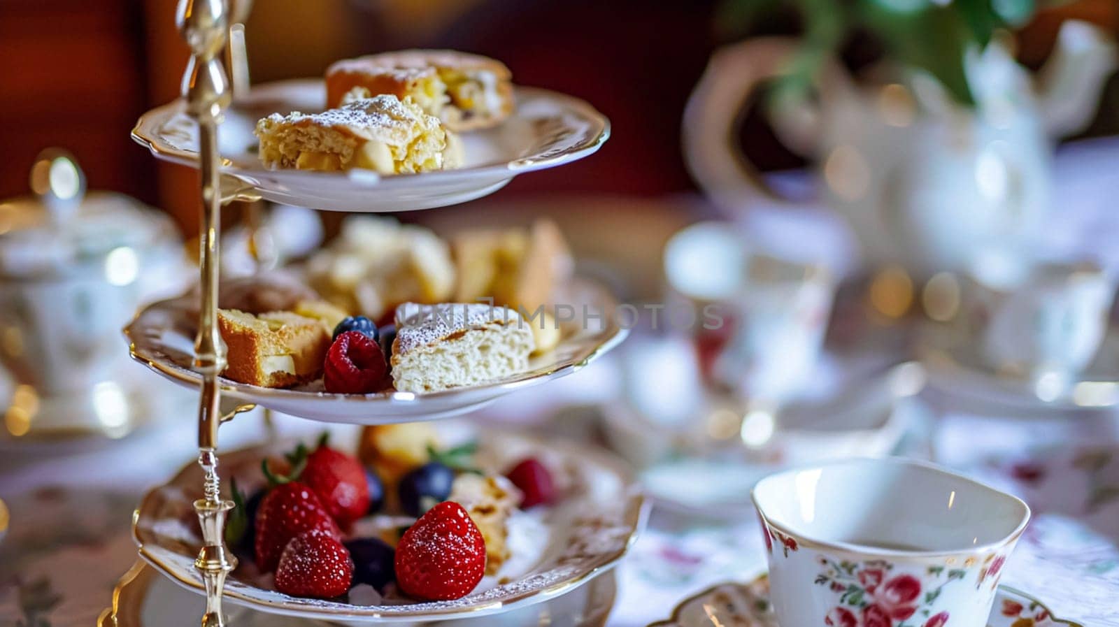 Elegant table setting for tea party with cakes and cupcakes in English manor. Selective focus. Vintage style